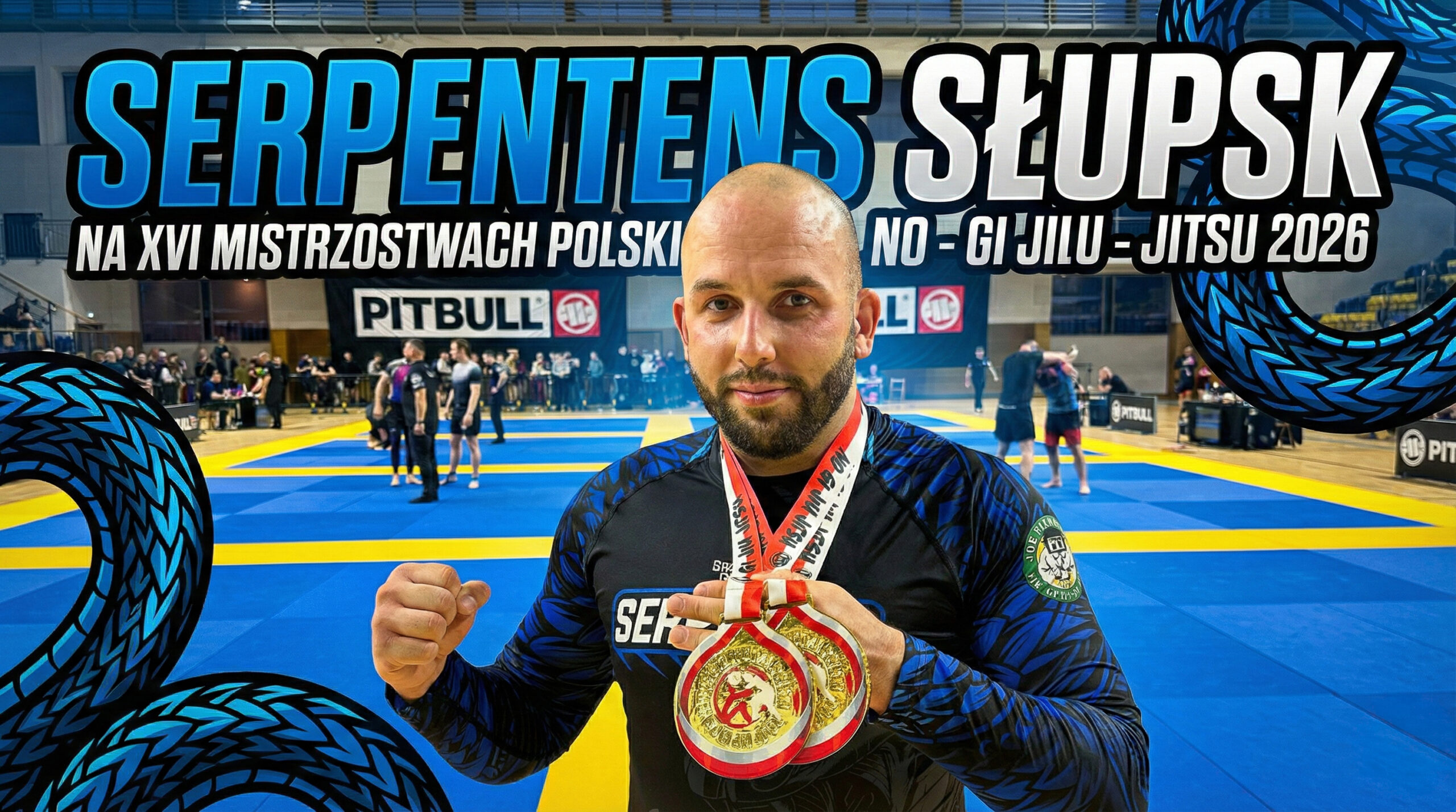 Walka o pozycję podczas meczu No-Gi Jiu-Jitsu z udziałem zawodnika SERPENTES Słupsk na hali UAM w Poznaniu.