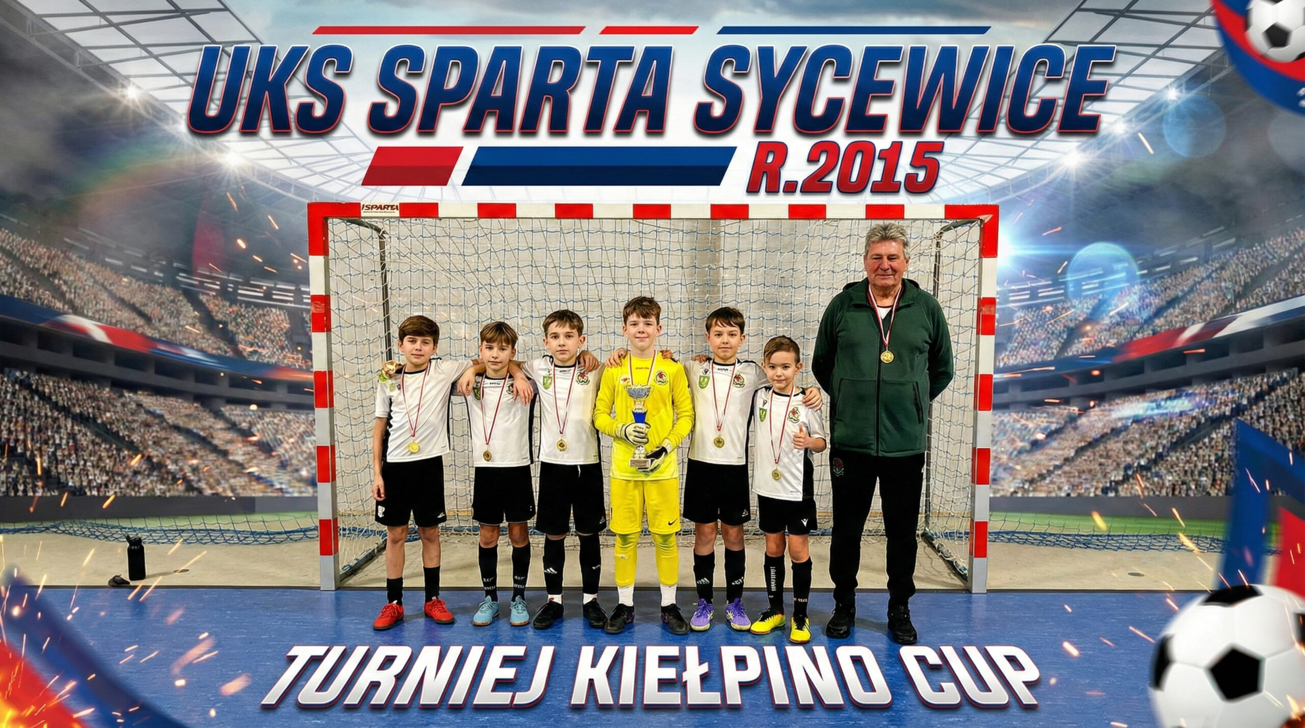 Zwycięska drużyna UKS Sparta Sycewice rocznik 2015 z pucharem Kiełpino Cup.