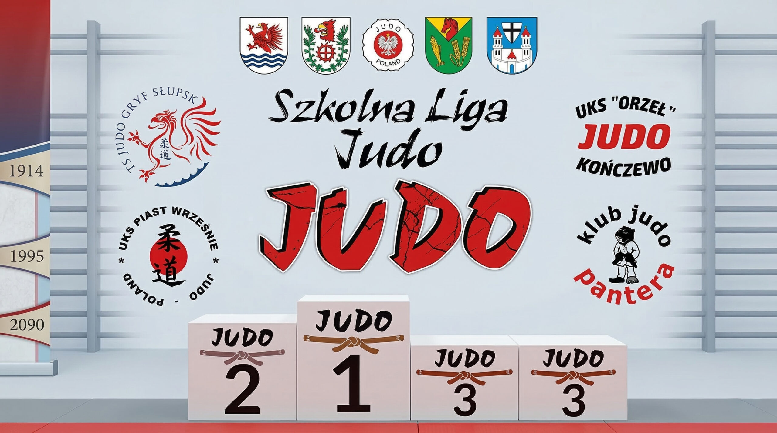 Grafika w formacie 16:9 przedstawiająca podium zawodów Szkolnej Ligi Judo z miejscami od 1 do 3. W tle znajduje się baner z logotypami klubów: TS Judo Gryf Słupsk, UKS Orzeł Kończewo, Klub Judo Pantera i UKS Piast Wrzeście.