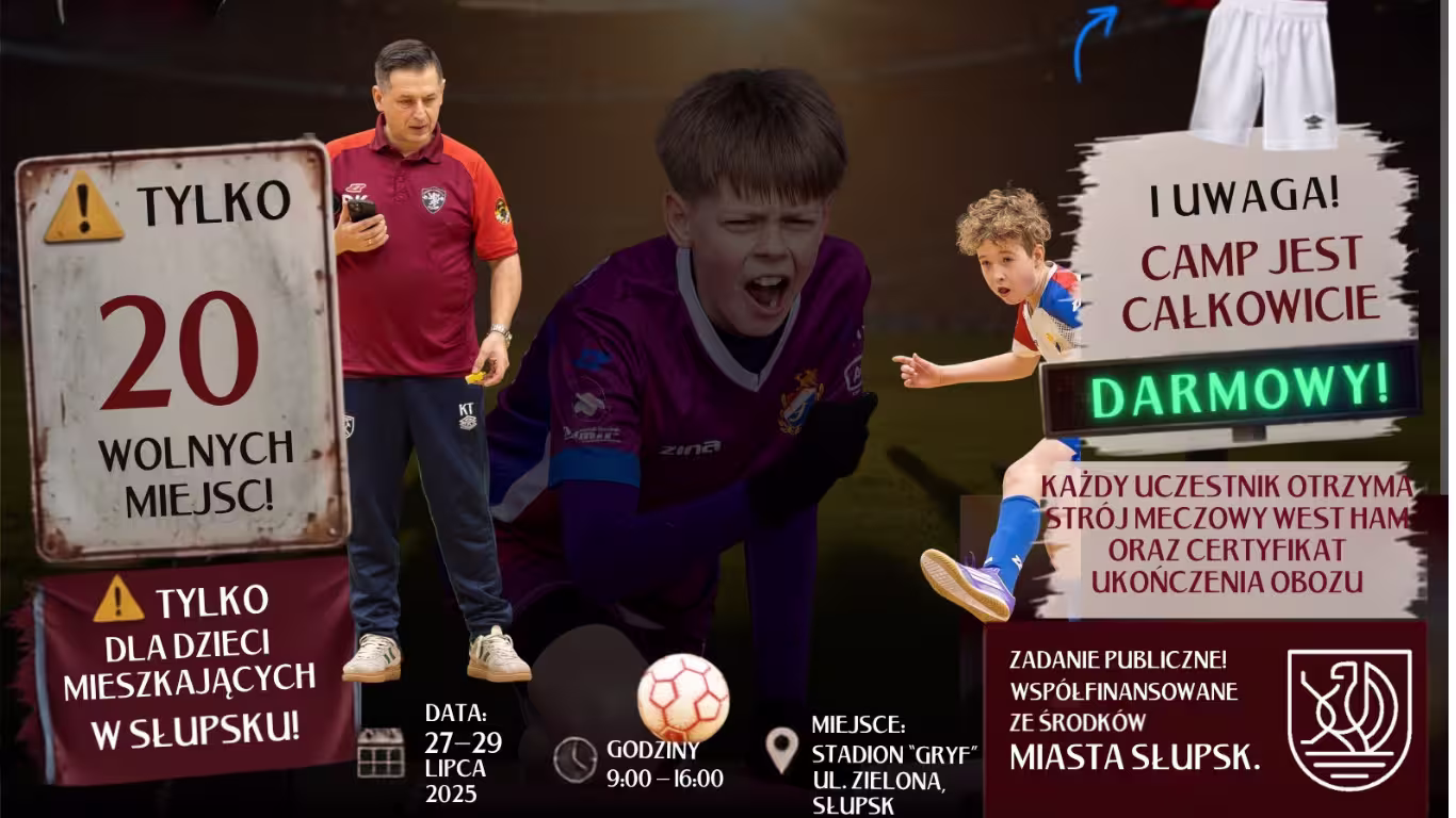 Darmowy camp piłkarski West Ham Słupsk 2026 plakat promujący wydarzenie dla dzieci